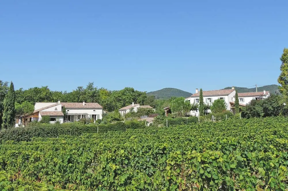 Photographie d'un hameau au milieu des vignes de l'AOC Clairette de Die