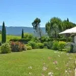 Photographie d'un jardin arboré donnant sur les vignobles de la Clairette de Die