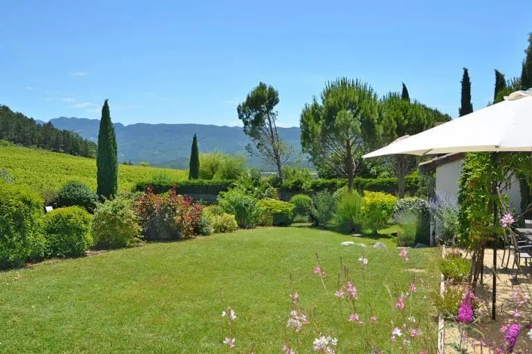 Photographie d'un jardin arboré donnant sur les vignobles de la Clairette de Die